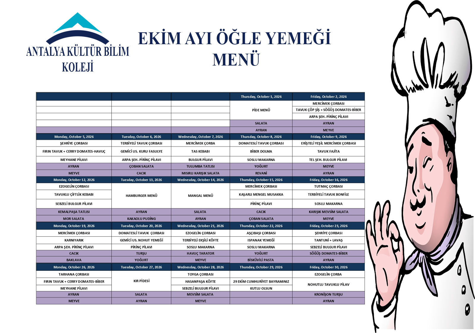 Ekim Ayı Öğle Yemeği Menüsü